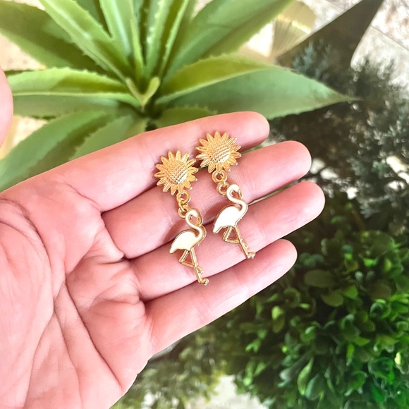 Gold Floral Flamingo Earrings - Picture 3 of 4